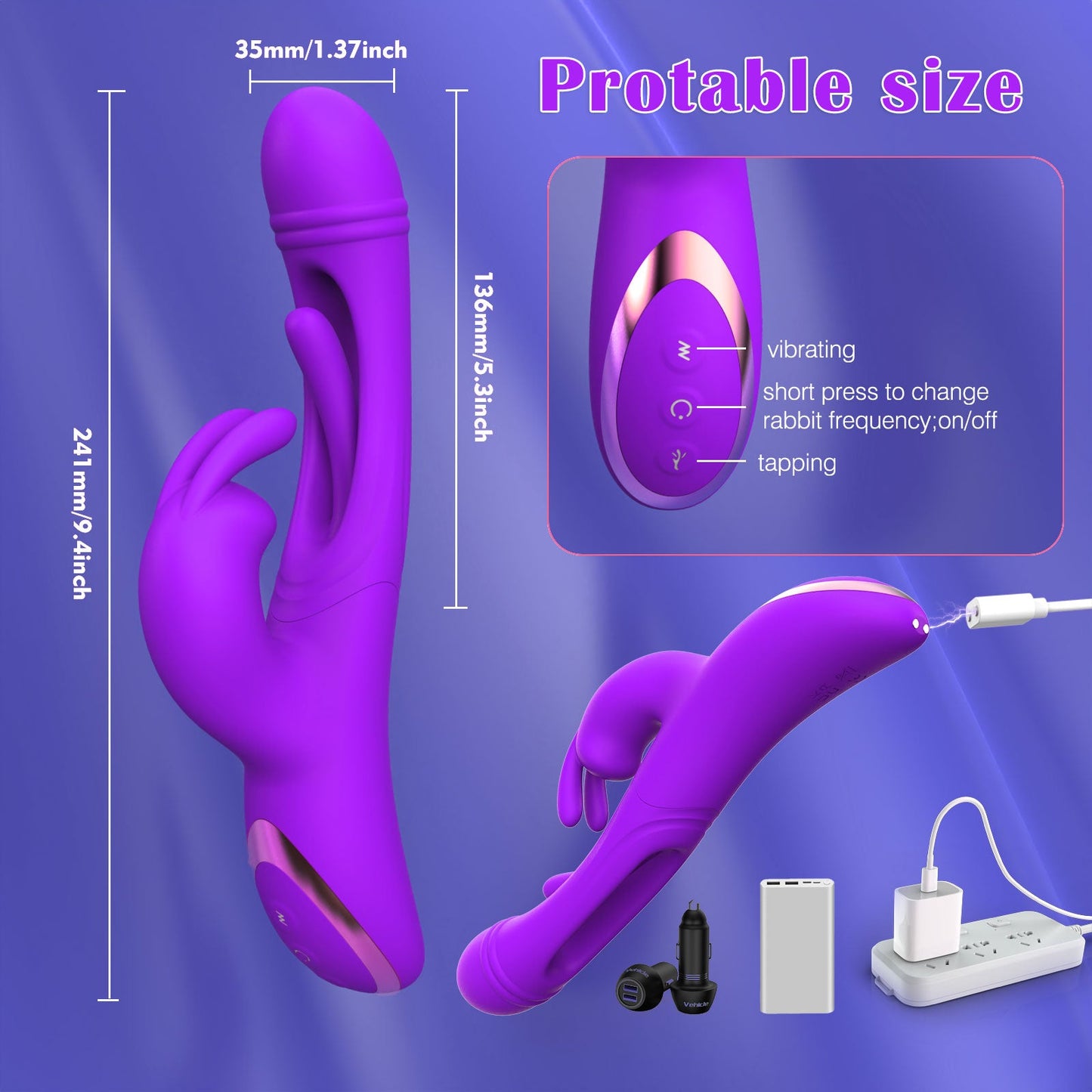 Purple vibrator with measurement, charging cable and control panel on a purple background.