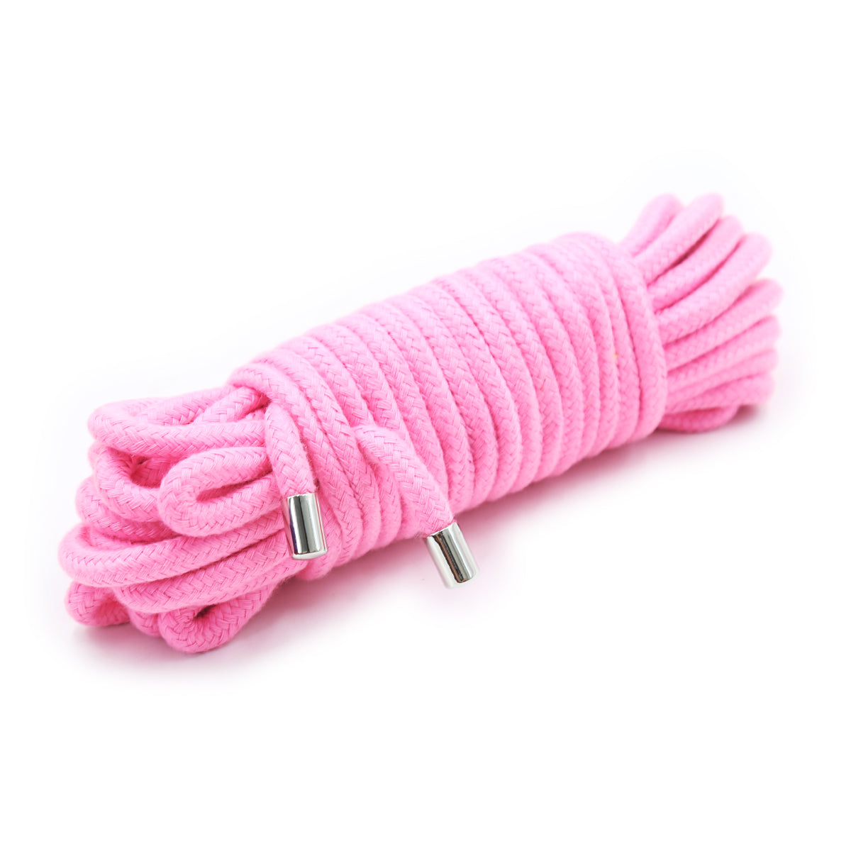 Pink rope with metal clips on a white background.