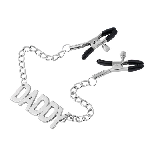 DADDY word chain with adjustable BDSM nipple clamps.