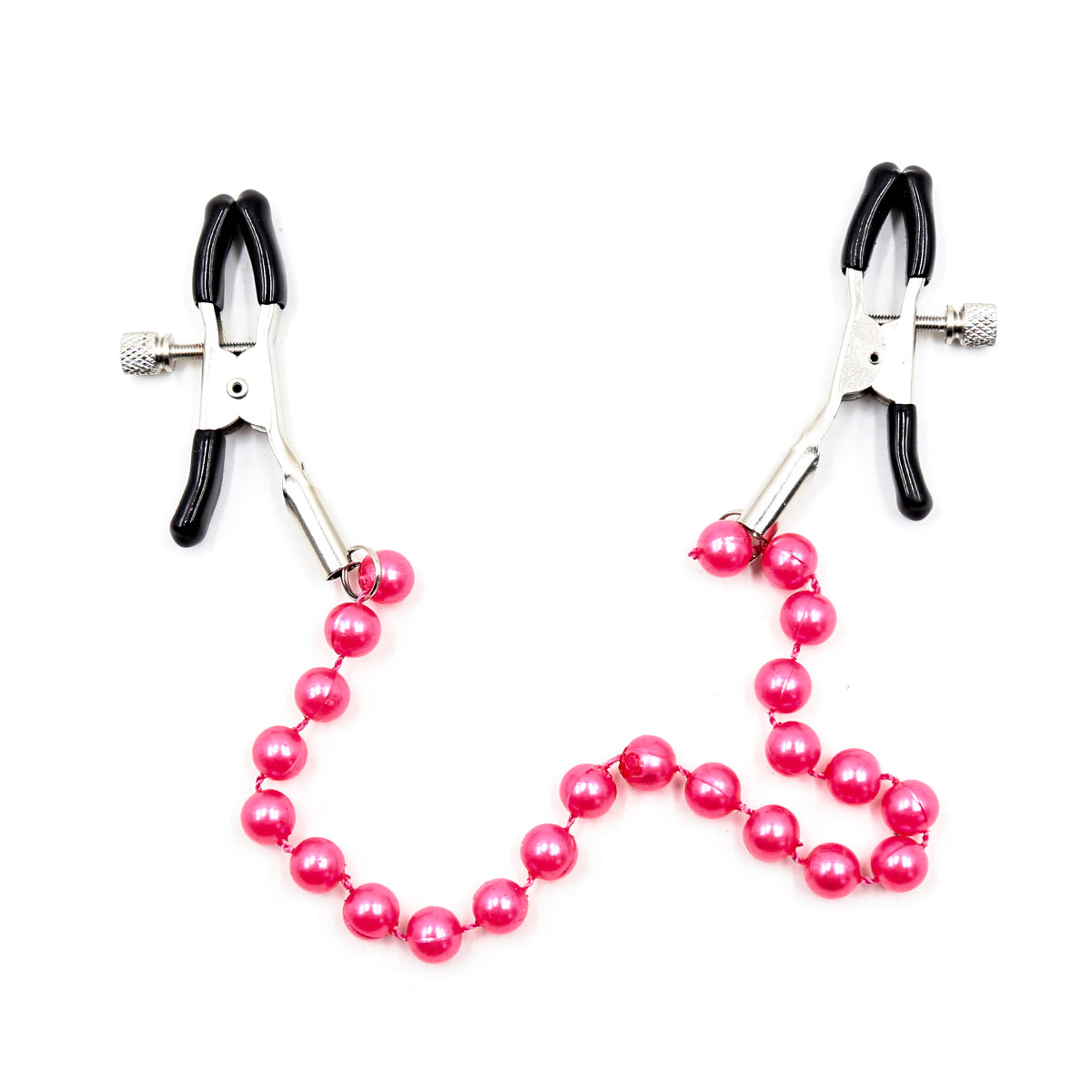 Pink pearl chain nipple clamps with rubber tips and adjustable tension.