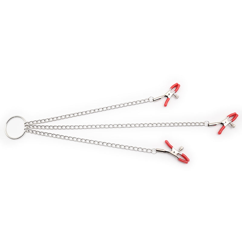 Bondage clamp set with silver chains and red-tipped nipple and clit clamps.