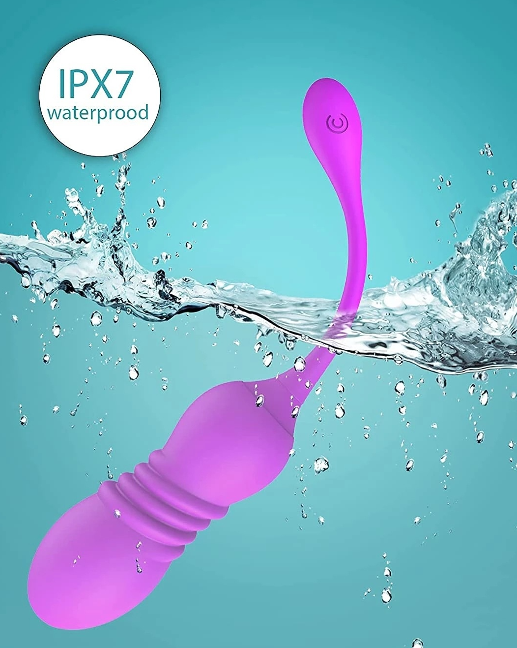 Purple waterproof vibrator with water splashes and IPX7 label on a teal background.