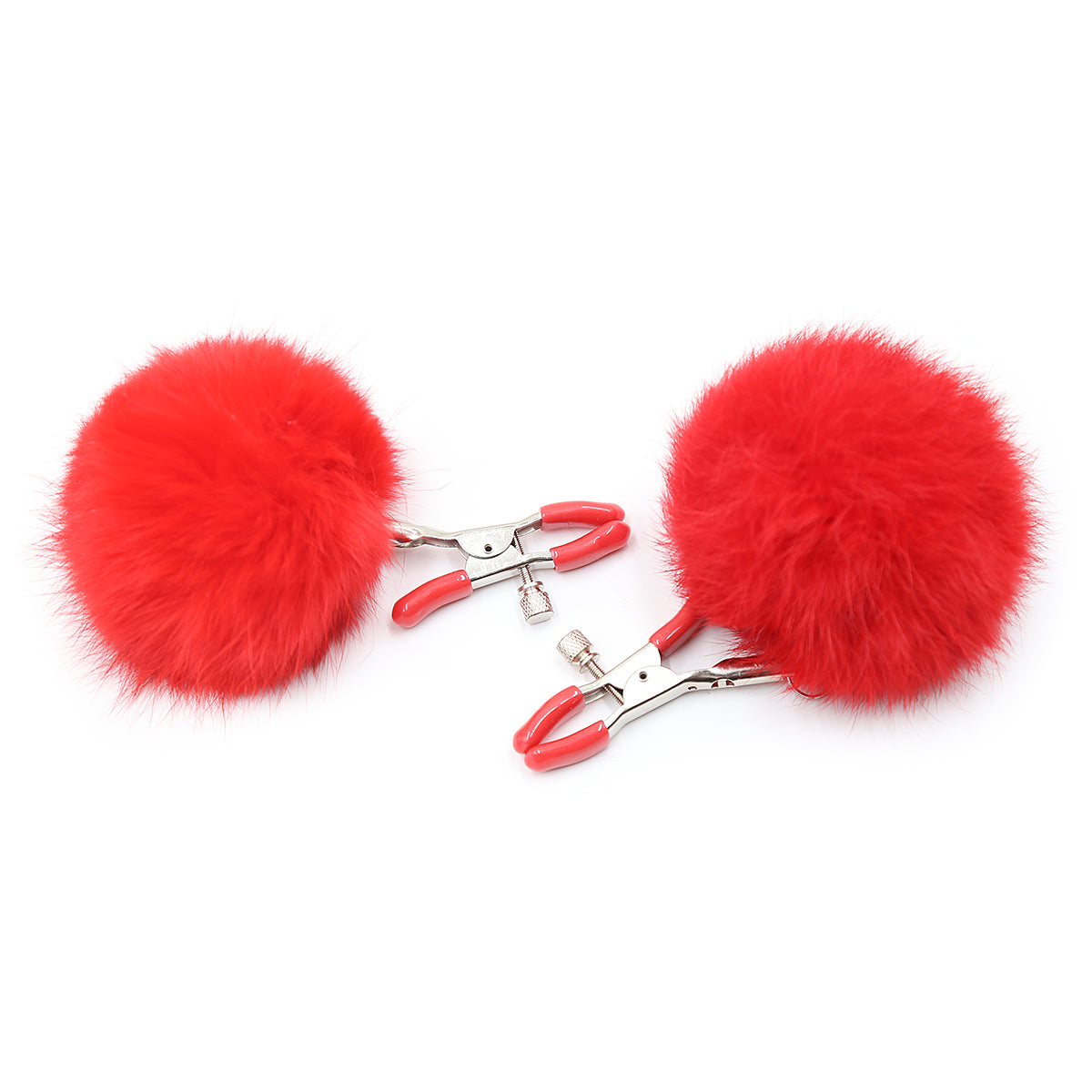 Pom-pom nipple clamps in red with adjustable tension and rubber-tipped ends.