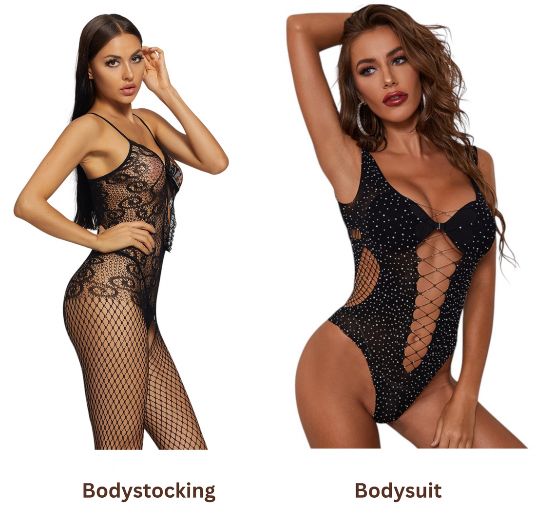 Two models standing next to each other one wearing black fishnet bodystocking and the other wearing black fishnet bodysuit. 