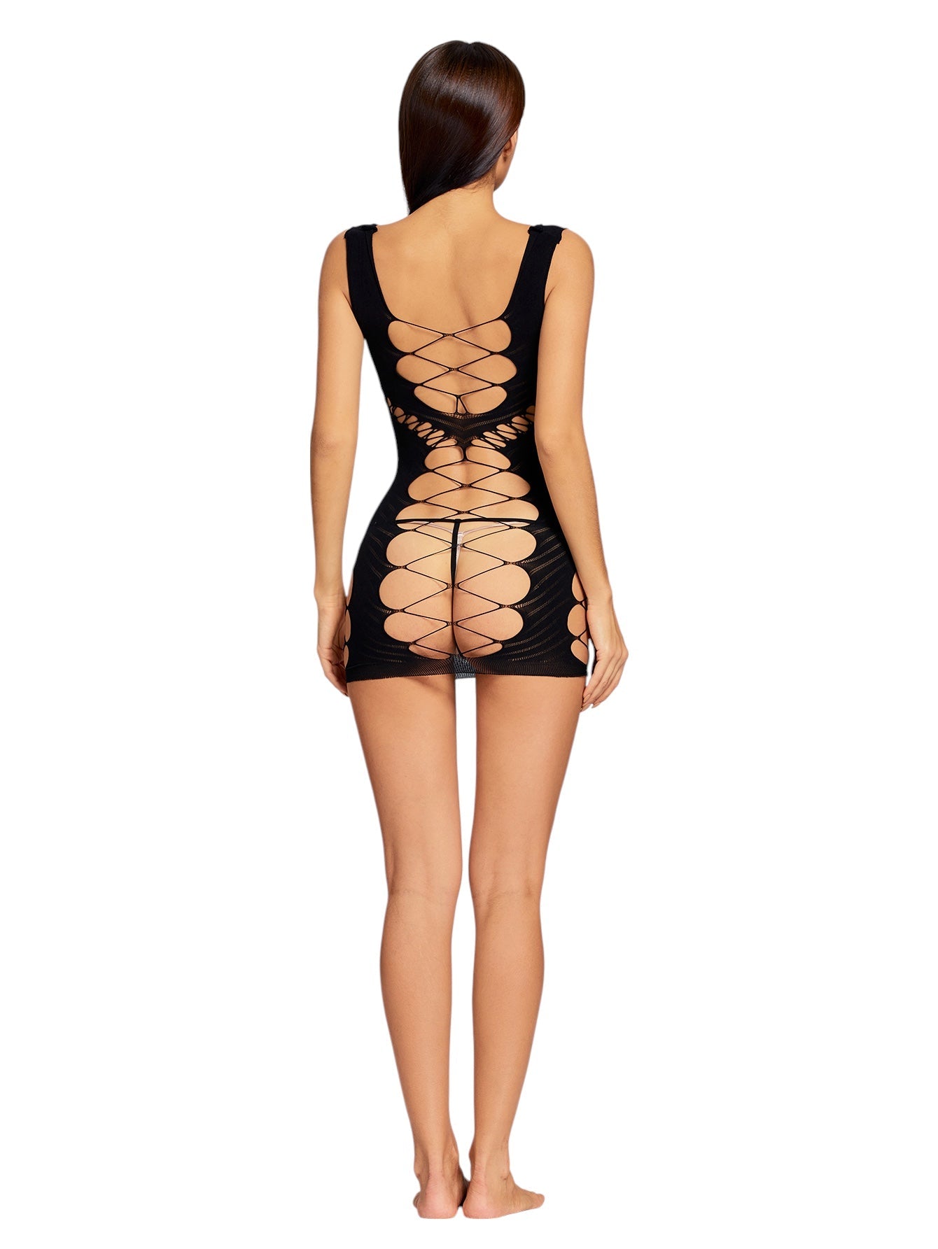 Rear view of sexy black mesh lingerie mini dress with crisscross cutouts and sleeveless design. 
