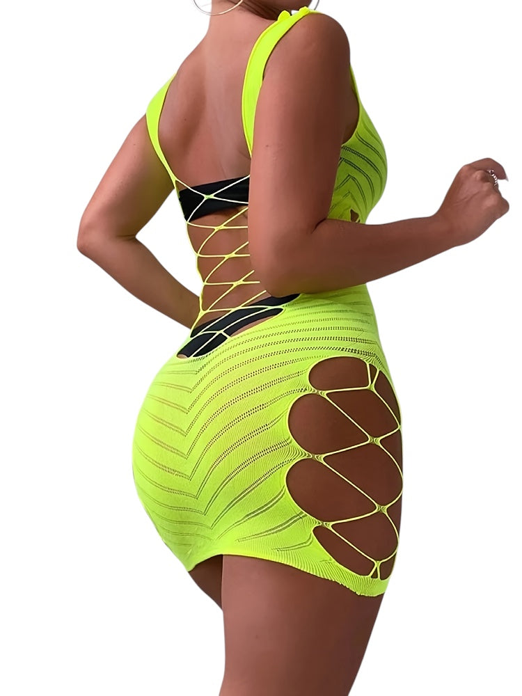 Rear view of sexy yellow mesh lingerie mini dress with crisscross cutouts and sleeveless design. 