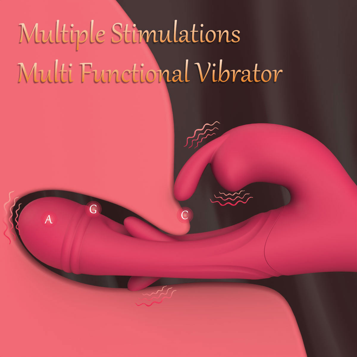 Illustration of a pink multi-functional vibrator with labeled parts on a dark background.