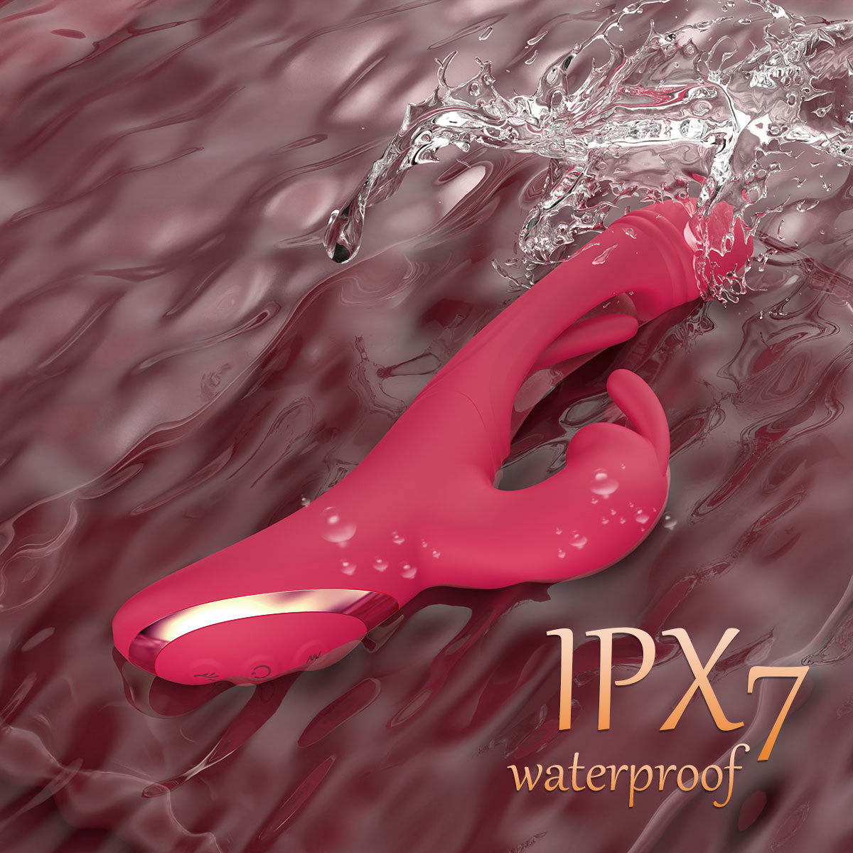 Pink waterproof vibrator with water splashes on a wet surface, featuring IPX7 rating.