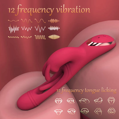 Pink sex toy with '12 frequency vibration' and '12 frequency tongue licking' text on a red background.