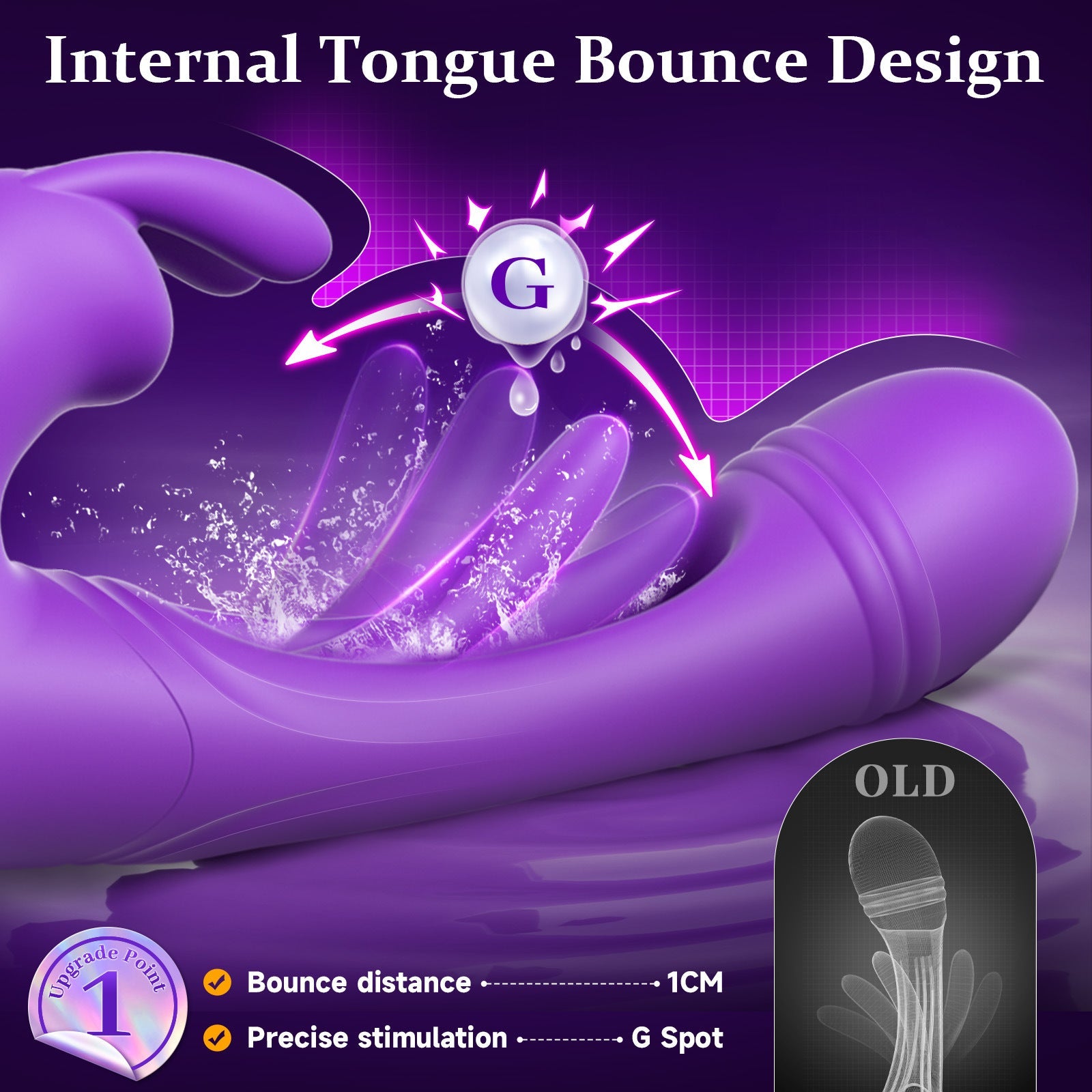 Purple device with 'G' symbol and text about internal tongue bounce design on a purple background.