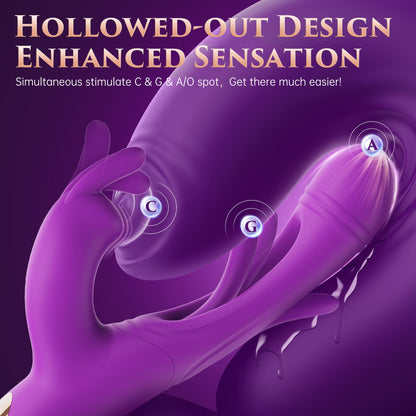 Purple vibrator with labeled points on a purple background, promoting enhanced simultaneous stimulation to C, G & A spots.