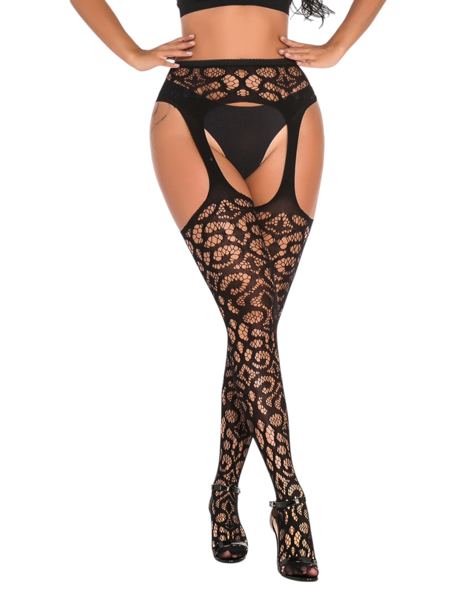 Front view of black crotchless floral lace tights with built-in garter design.
