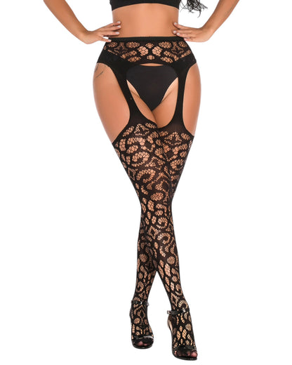 Front view of black crotchless floral lace tights with built-in garter design.