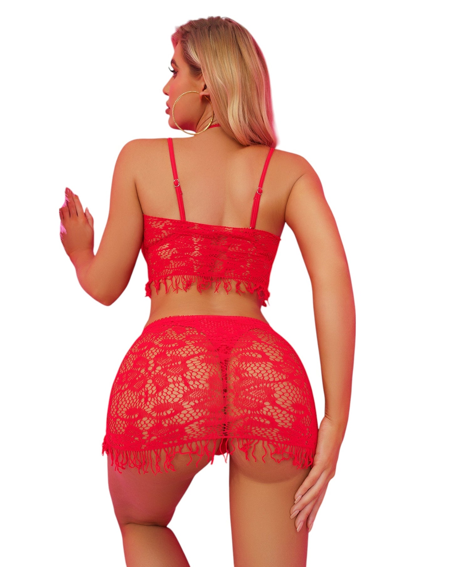 Back view of model wearing red lace crop top and fringe mini skirt lingerie set.