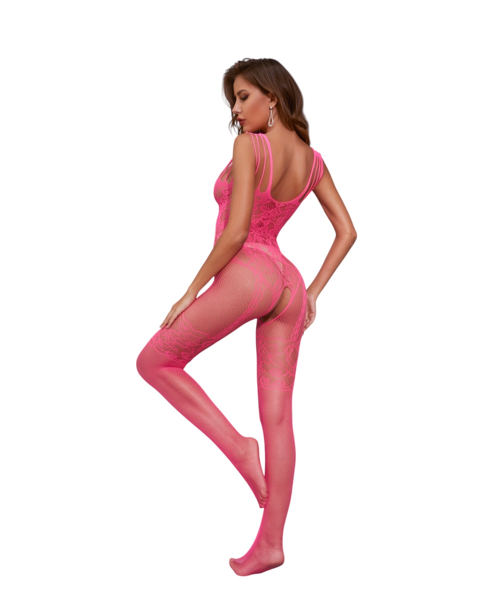 Back view of sexy crotchless pink lace bodystocking with fishnet detail from Peach Secrets.