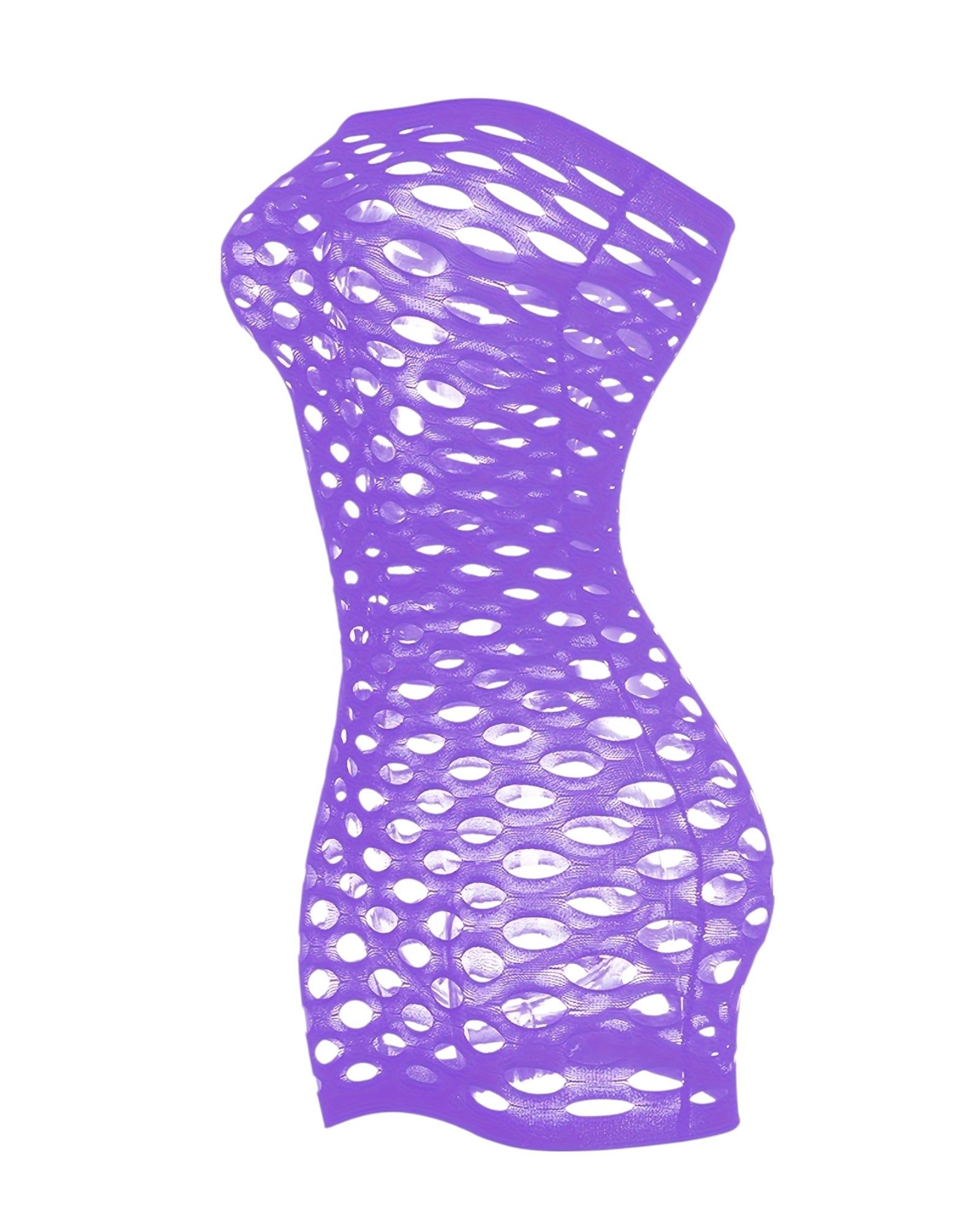 Front view of strapless purple mesh tube mini dress with bold oval cutouts and bodycon fit.
