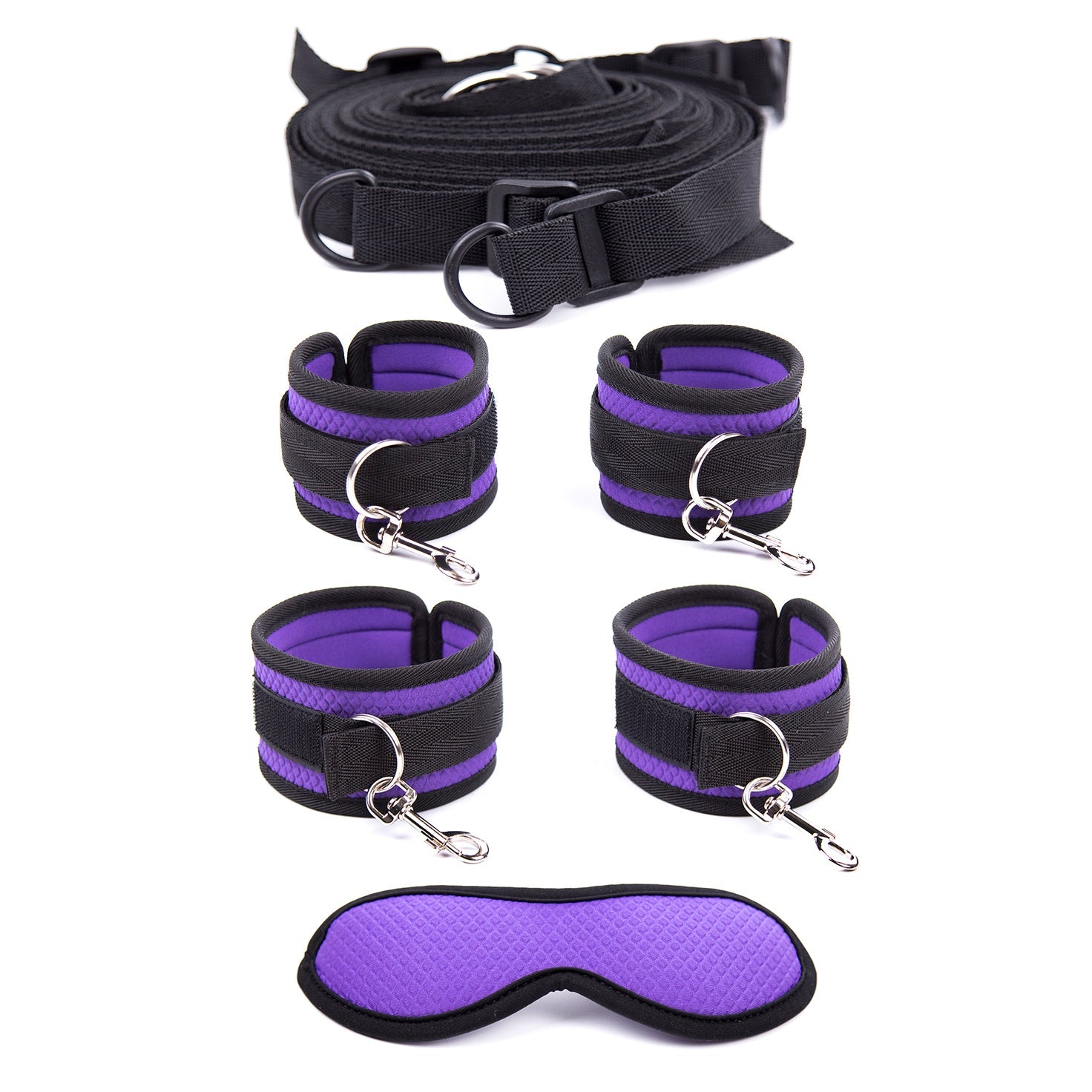 bed restraint system with padded cuffs and blindfold in purple