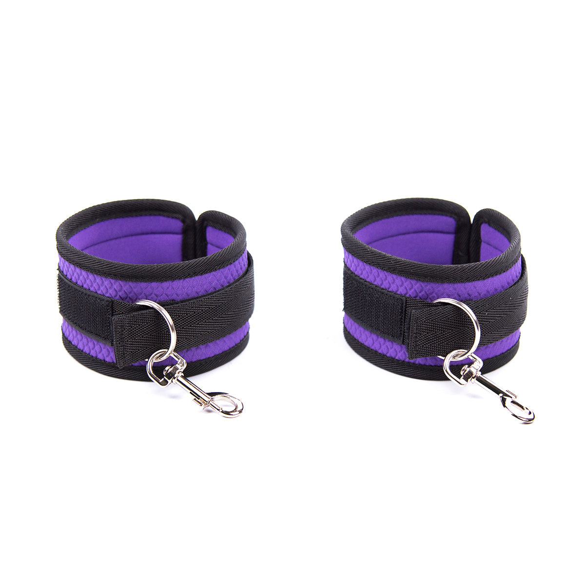bed restraint system with padded cuffs and blindfold in purple