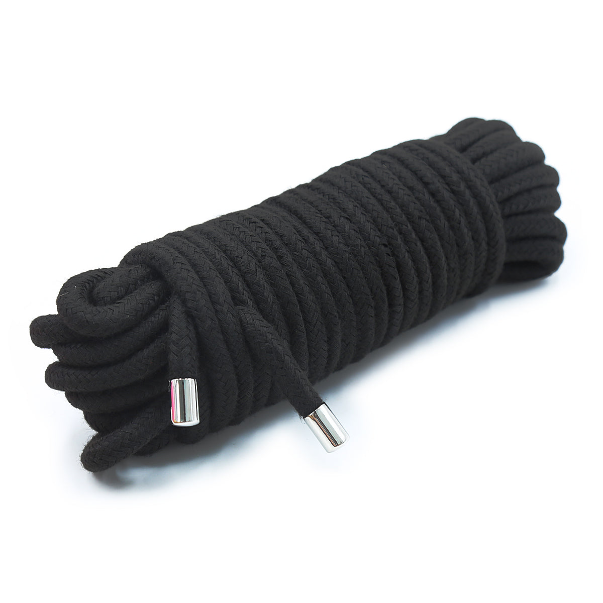 Black bondage rope with soft cotton and metal tips.