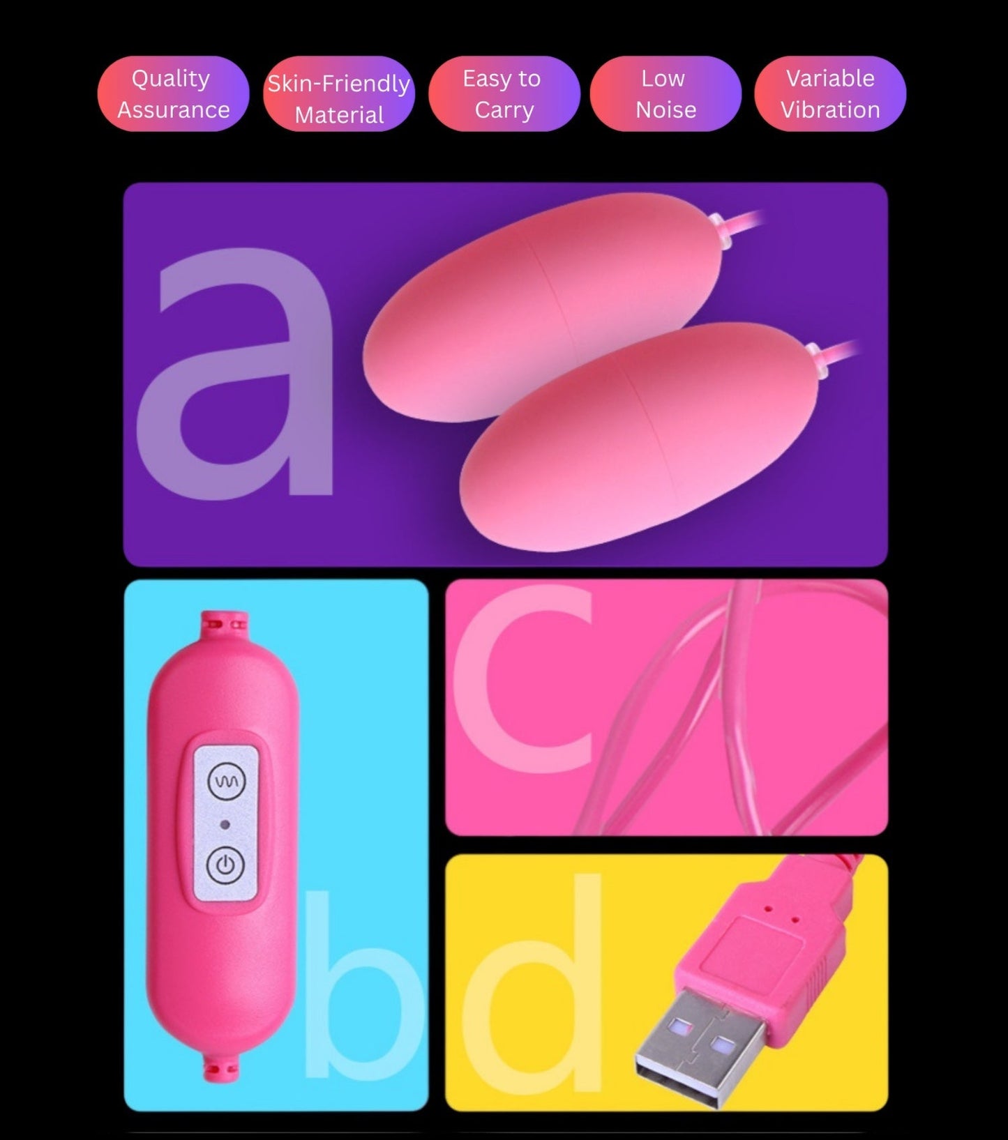 Pink silicone product with control panel and USB cable on a colorful background.