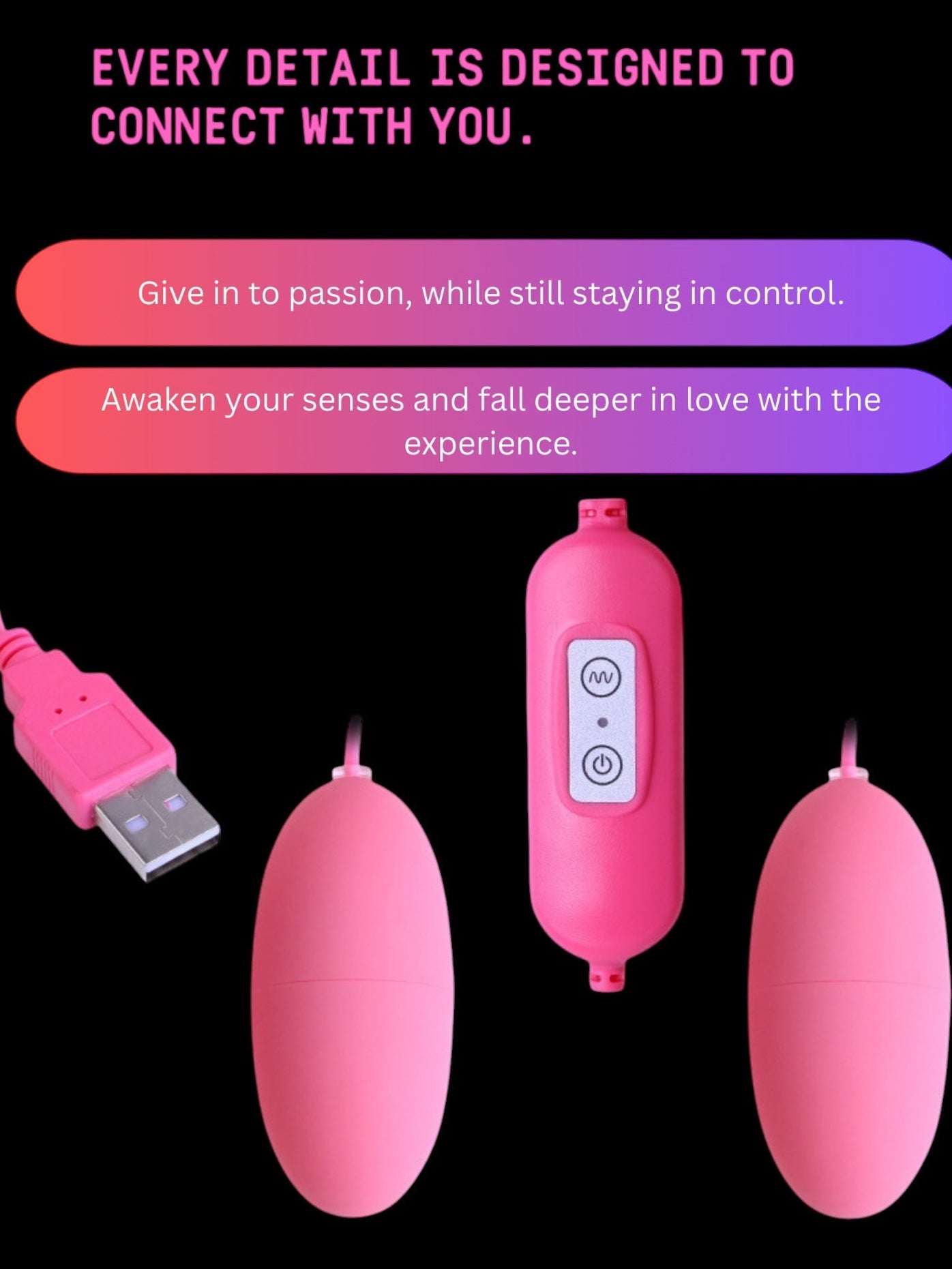 Pink electronic device with USB cable on a black background, featuring text about connection and control.