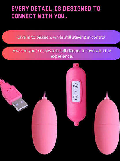 Pink electronic device with USB cable on a black background, featuring text about connection and control.