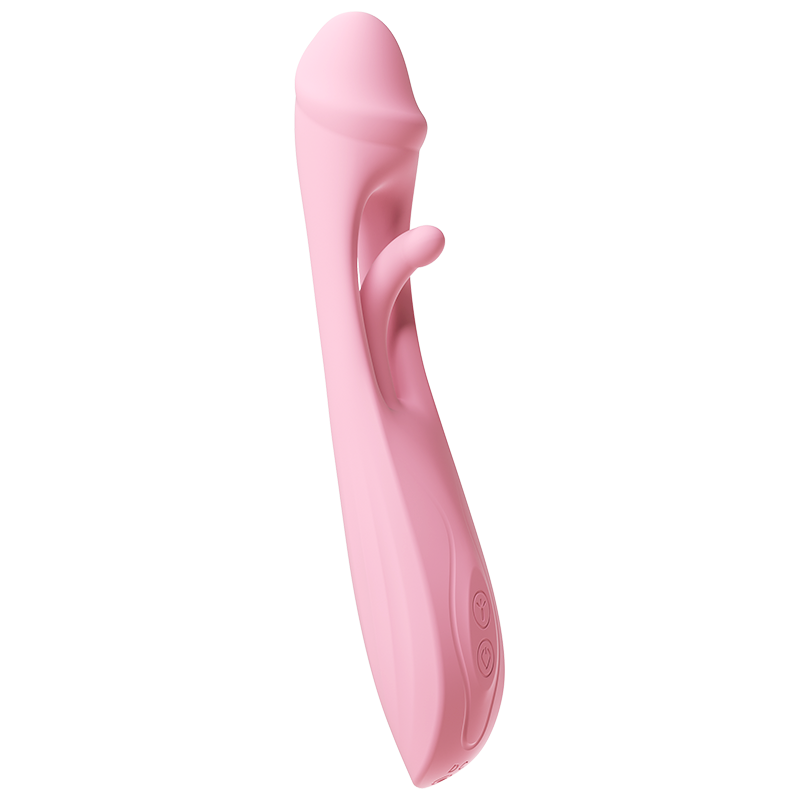 A pink silicone Vibrator with tongue thrust.