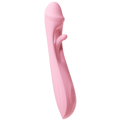 A pink silicone Vibrator with tongue thrust.