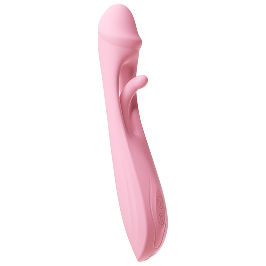 A pink silicone Vibrator with tongue thrust.