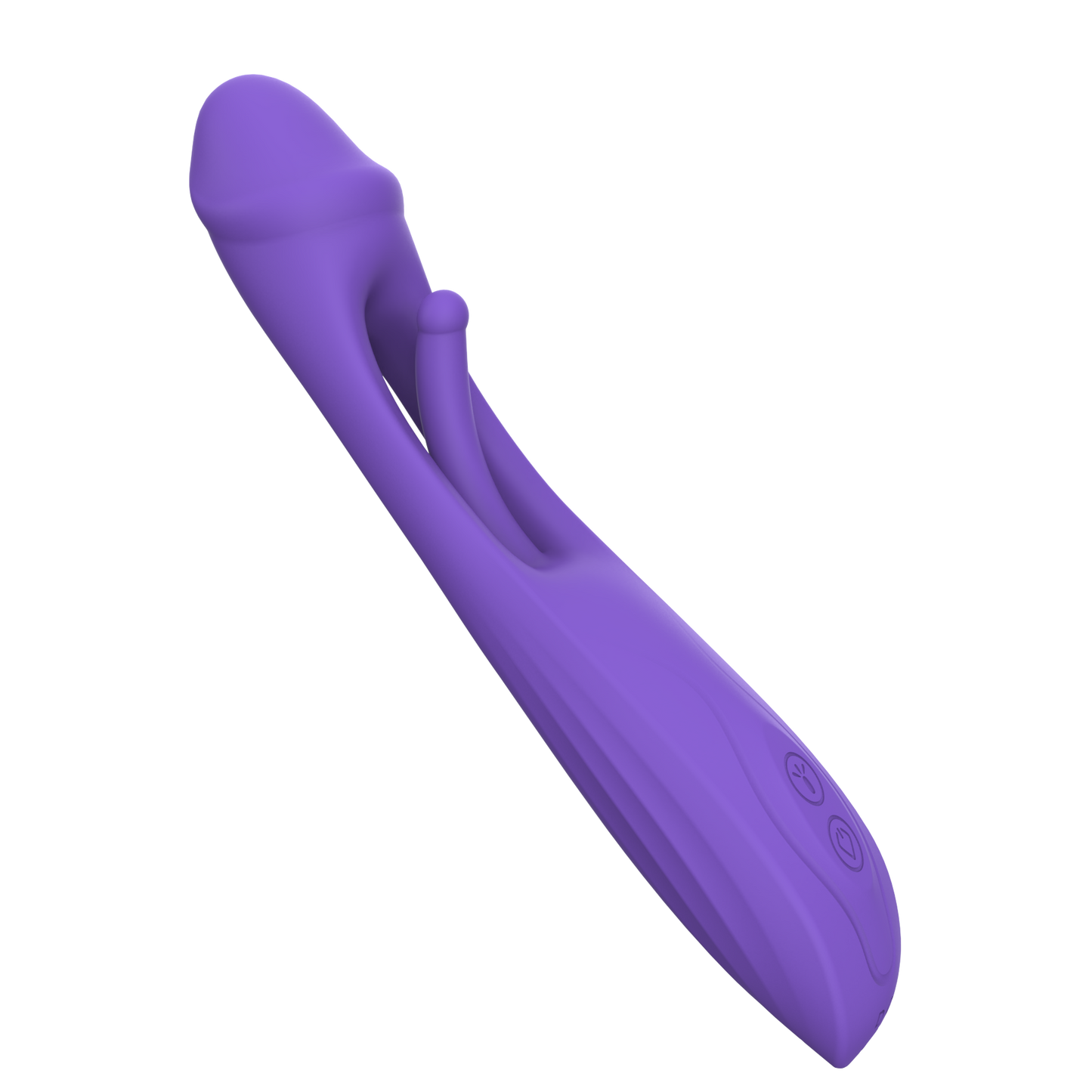 A purple silicone vibrator with tongue thrust.