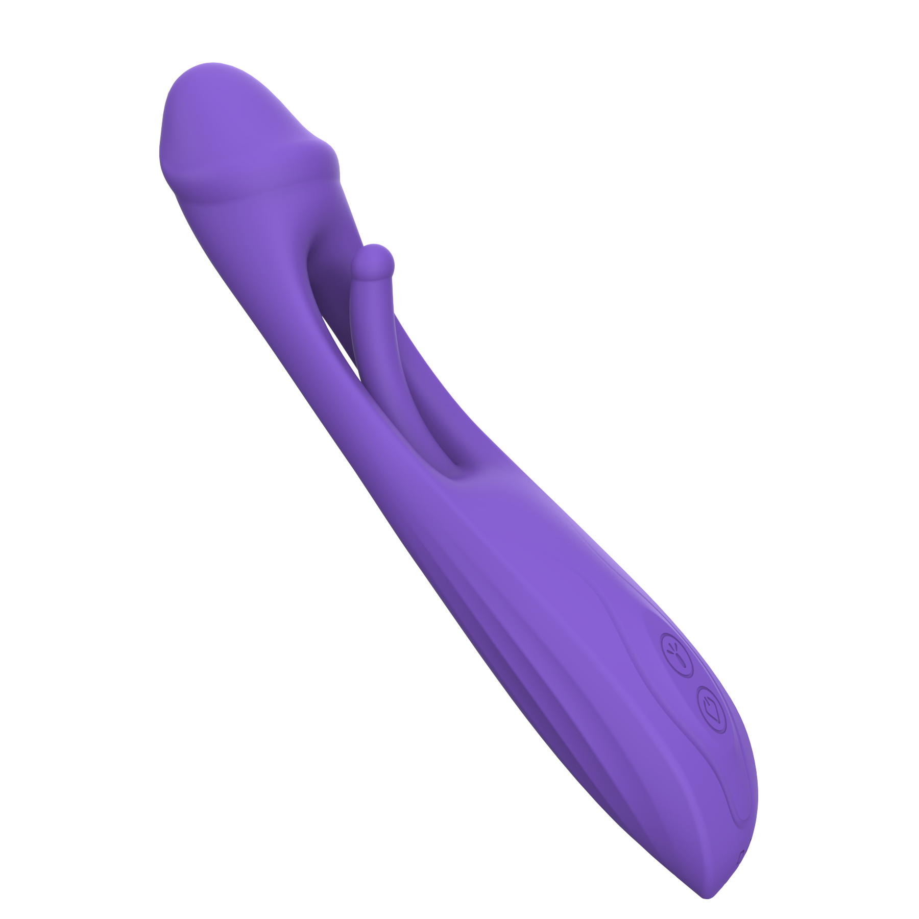 A purple silicone vibrator with tongue thrust.