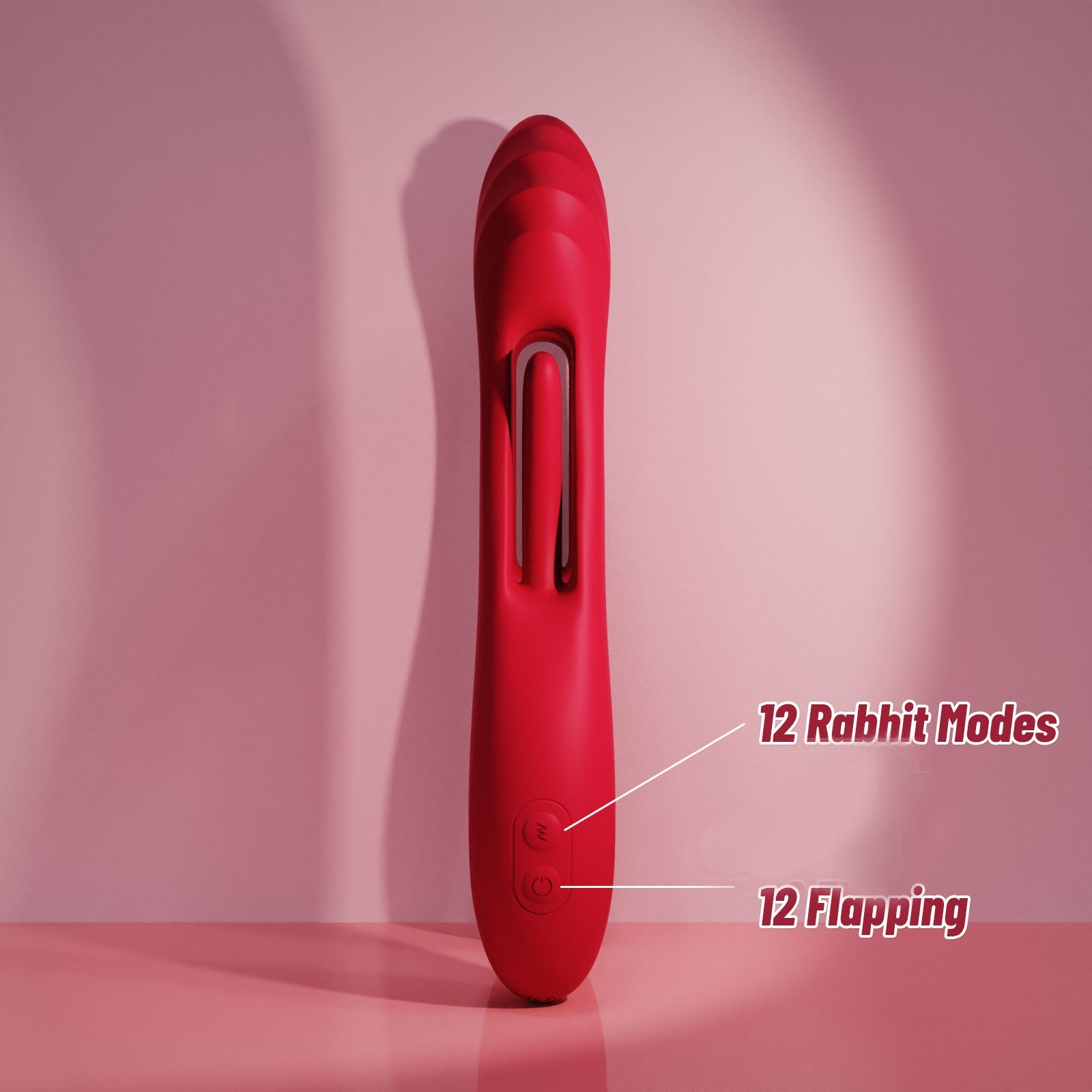 A red dual-function Vibrator highlighting 12 rabbit modes and 12 flapping modes.