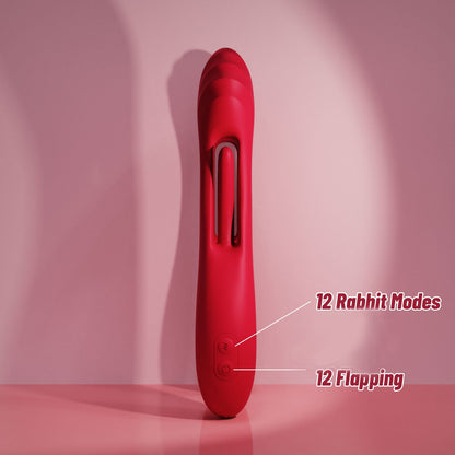 A red dual-function Vibrator highlighting 12 rabbit modes and 12 flapping modes.