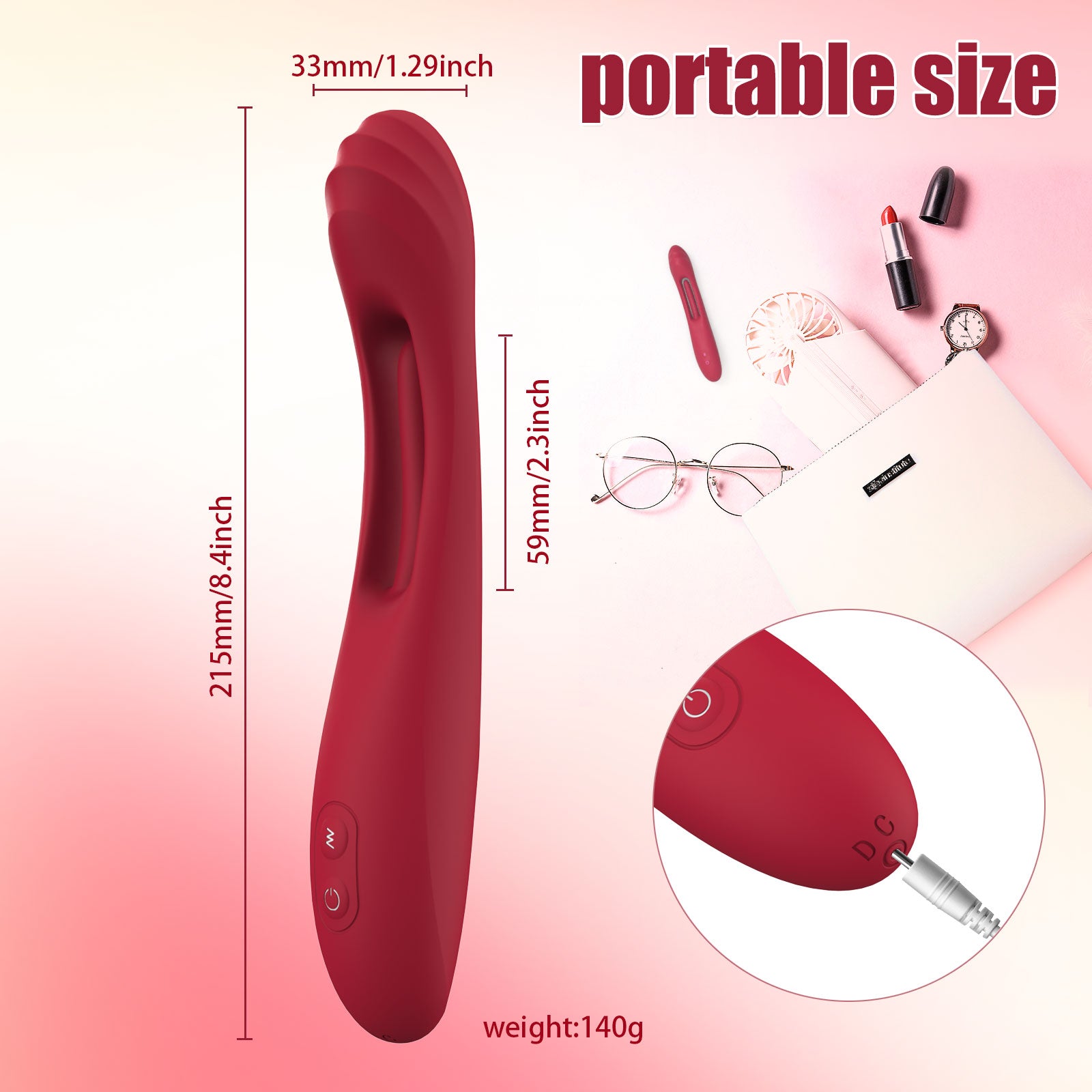 A red dual-function vibrator with measurement and the words "portable size".