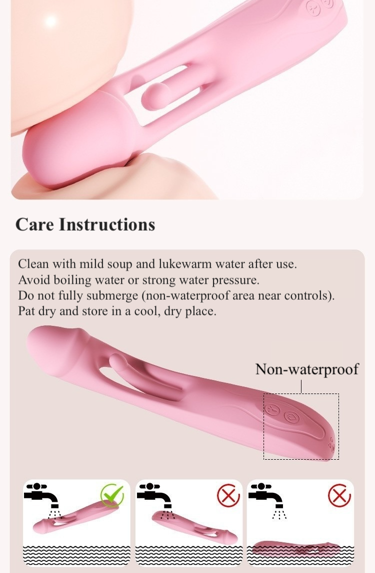 Pink electronic device with care instructions on a beige background.