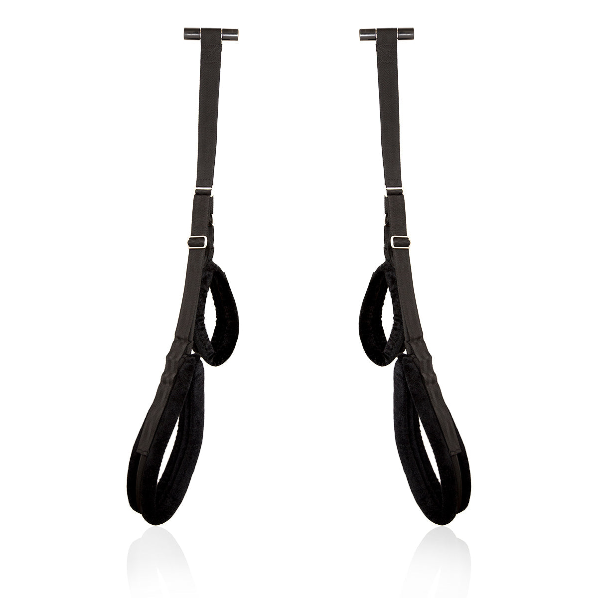Black door sex swing with padded straps for bondage play.