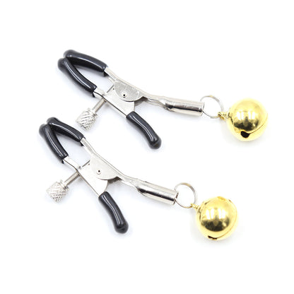 Nipple clamps with festive jingle bells in gold with rubber tips.