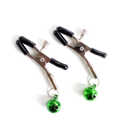 Nipple clamps with festive jingle bells in green with rubber tips.