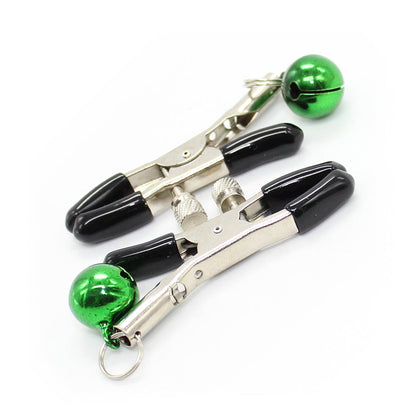 Nipple clamps with festive jingle bells in green with rubber tips.