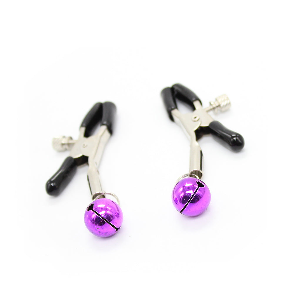 Nipple clamps with festive jingle bells in purple with rubber tips.