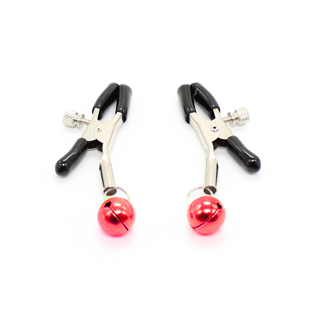 Nipple clamps with festive jingle bells in red with rubber tips.
