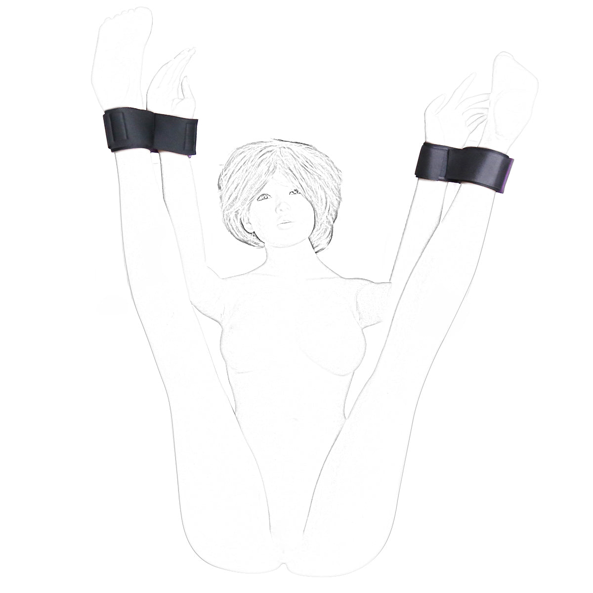 Sketch of a woman demonstrating soft adjustable positioning cuffs for wrists and ankles used to elevate legs during sex.