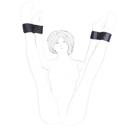 Sketch of a woman demonstrating soft adjustable positioning cuffs for wrists and ankles used to elevate legs during sex.