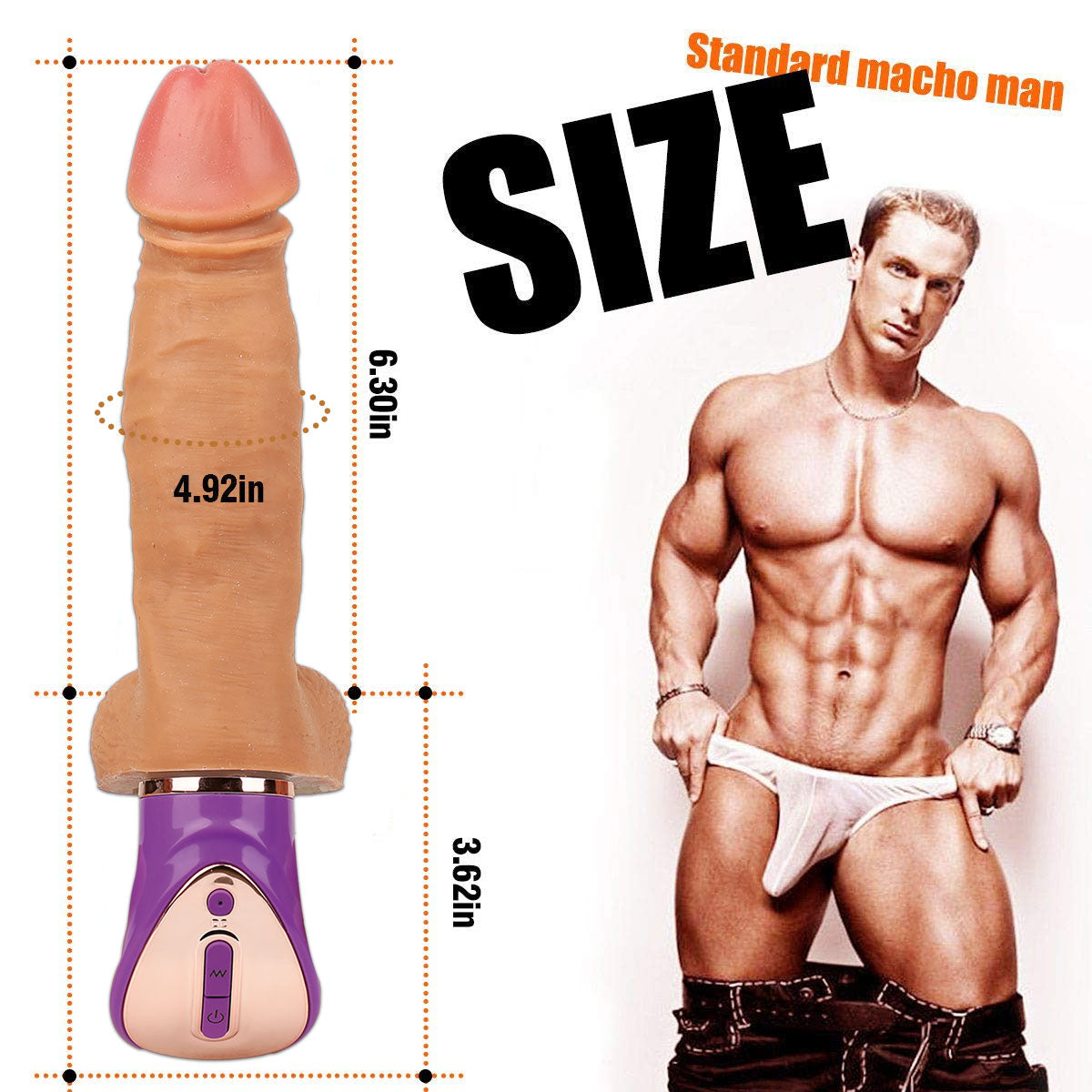 Dildo with measurements next to a man, labeled 'Standard macho man', on a white background.
