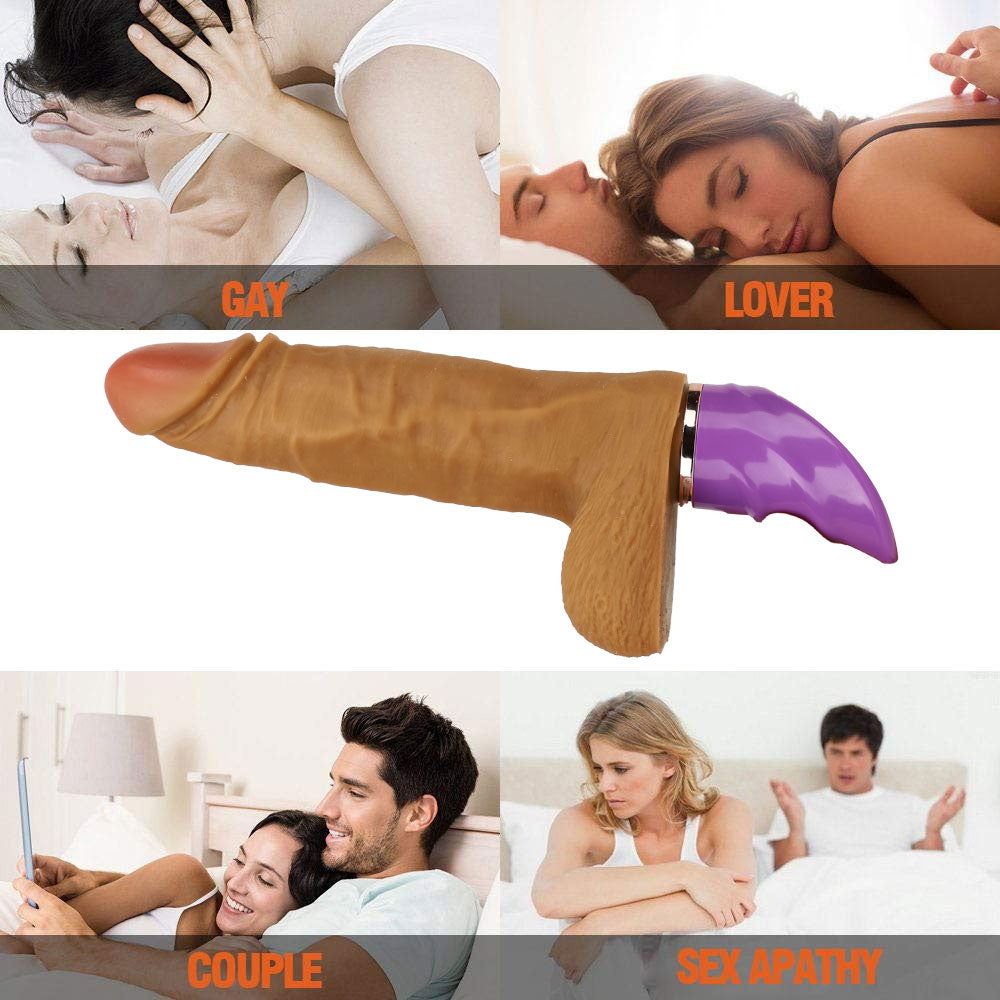 Dildo with brown shaft and purple base on a white background, surrounded by images of couples and text labels.