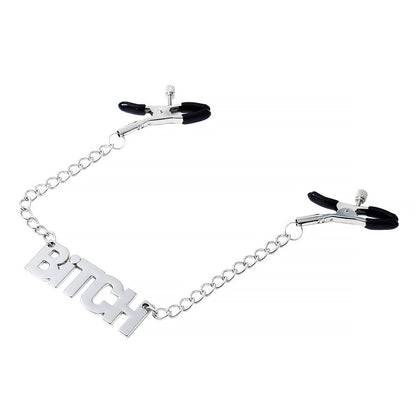 BITCH word chain attached to adjustable metal nipple clamps.