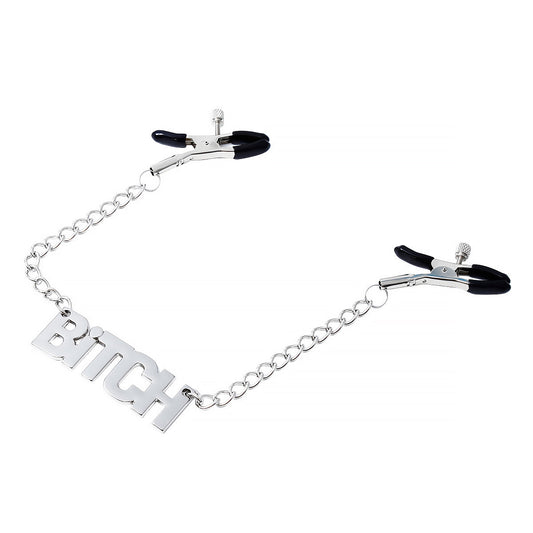 BITCH word chain attached to adjustable metal nipple clamps.