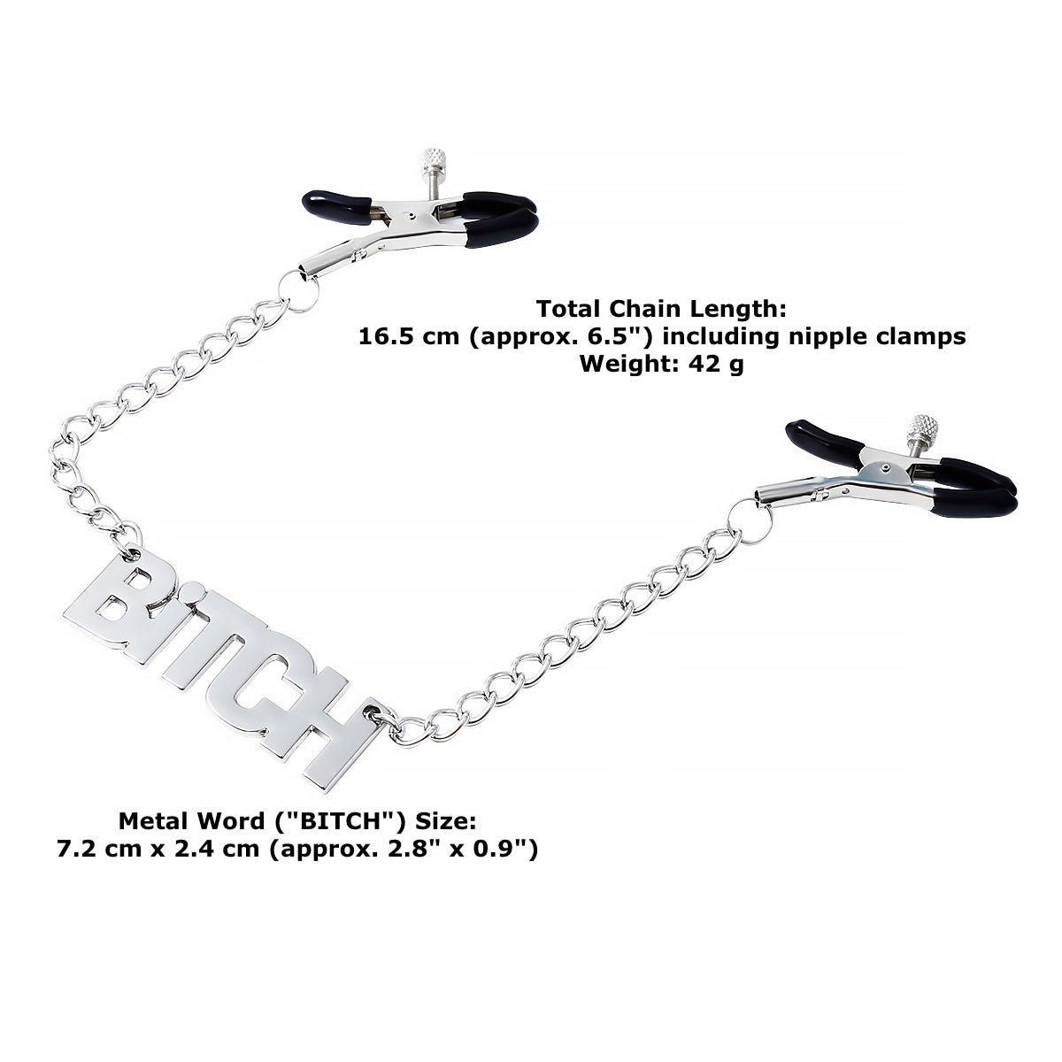 BITCH word chain attached to adjustable metal nipple clamps with measurement. 