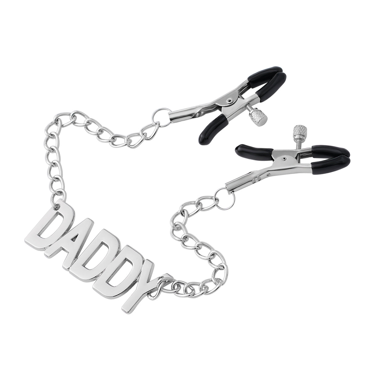 DADDY word chain with adjustable BDSM nipple clamps.