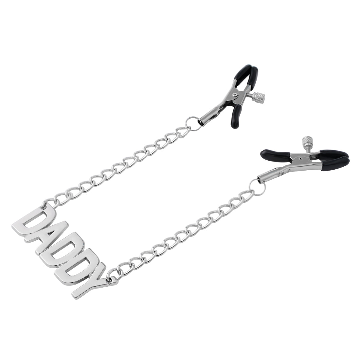 DADDY word chain with adjustable BDSM nipple clamps.
